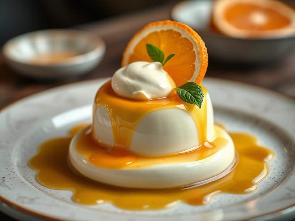 Decadent Floating Island Dessert with Vanilla Crème Anglaise and Caramelized Orange!