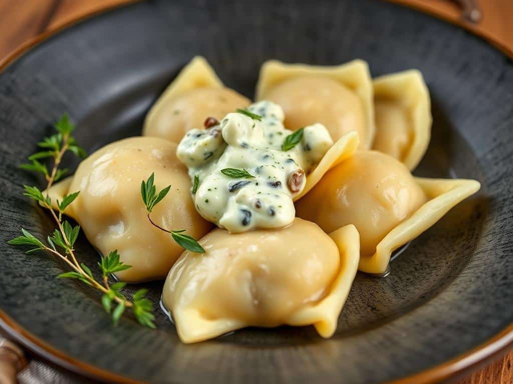 Indulge in Alsatian Cheese Dumplings with Truffle-Gorgonzola Sauce!