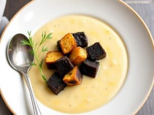 Decadent Potato Velouté with Black Pudding Croutons: A Must-Try Recipe!