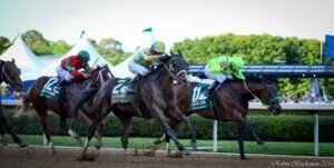 Classic Empire and jockey Julien Leparoux win the 2017 Arkansas Derby at Oaklawn Park, 4/15/17. Photo: Robin Buchanan